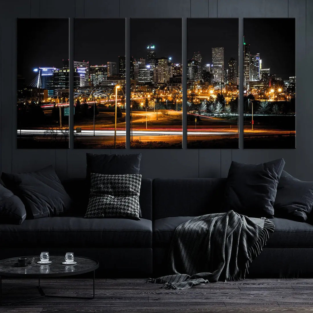 The Denver City Lights Night Skyline Cityscape View Wall Art Canvas Print is elegantly displayed on museum-quality canvas with a UV-protective coating.