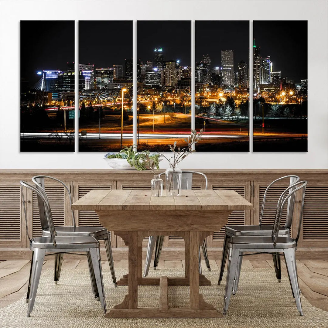 The Denver City Lights Night Skyline Cityscape View Wall Art Canvas Print is elegantly displayed on museum-quality canvas with a UV-protective coating.