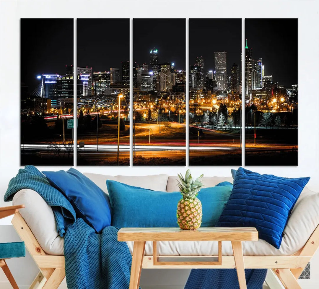 The Denver City Lights Night Skyline Cityscape View Wall Art Canvas Print is elegantly displayed on museum-quality canvas with a UV-protective coating.