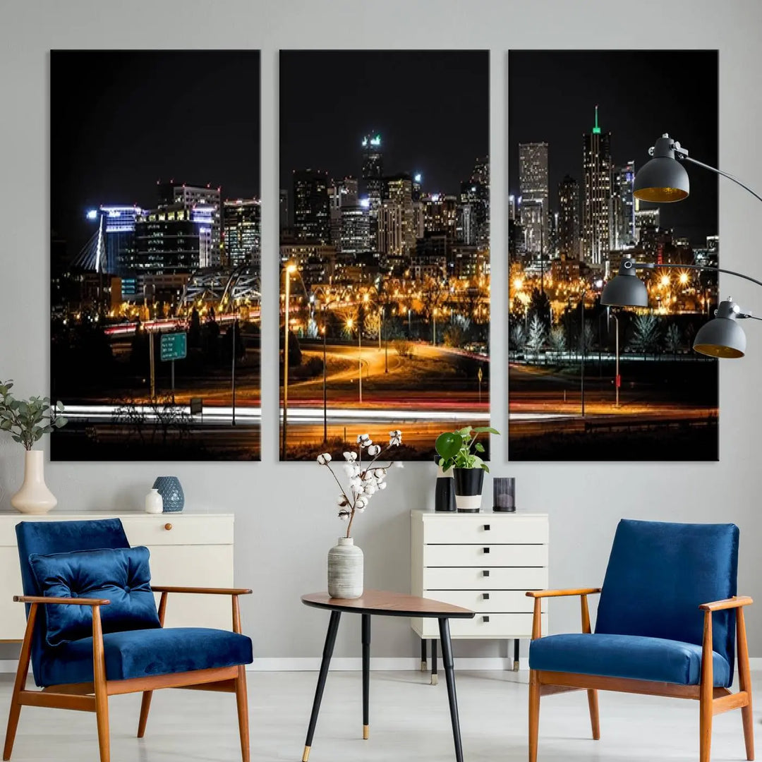 A stunning triptych featuring the "Denver City Lights Night Skyline Cityscape View Wall Art Canvas Print" adorns the wall. Each panel is crafted on museum-quality canvas and coated for UV protection, making it a gallery-wrapped masterpiece.