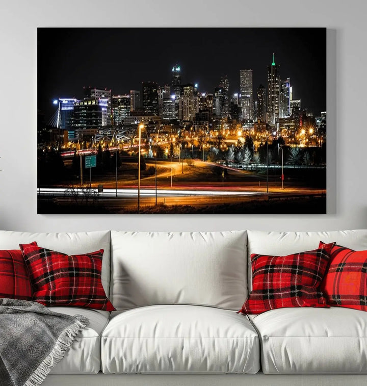 A stunning triptych featuring the "Denver City Lights Night Skyline Cityscape View Wall Art Canvas Print" adorns the wall. Each panel is crafted on museum-quality canvas and coated for UV protection, making it a gallery-wrapped masterpiece.