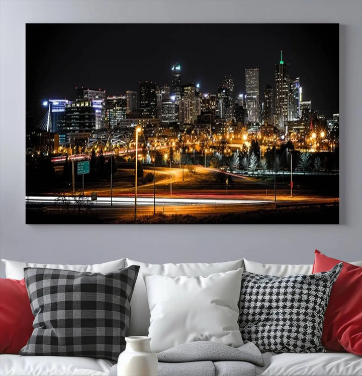 A stunning triptych featuring the "Denver City Lights Night Skyline Cityscape View Wall Art Canvas Print" adorns the wall. Each panel is crafted on museum-quality canvas and coated for UV protection, making it a gallery-wrapped masterpiece.