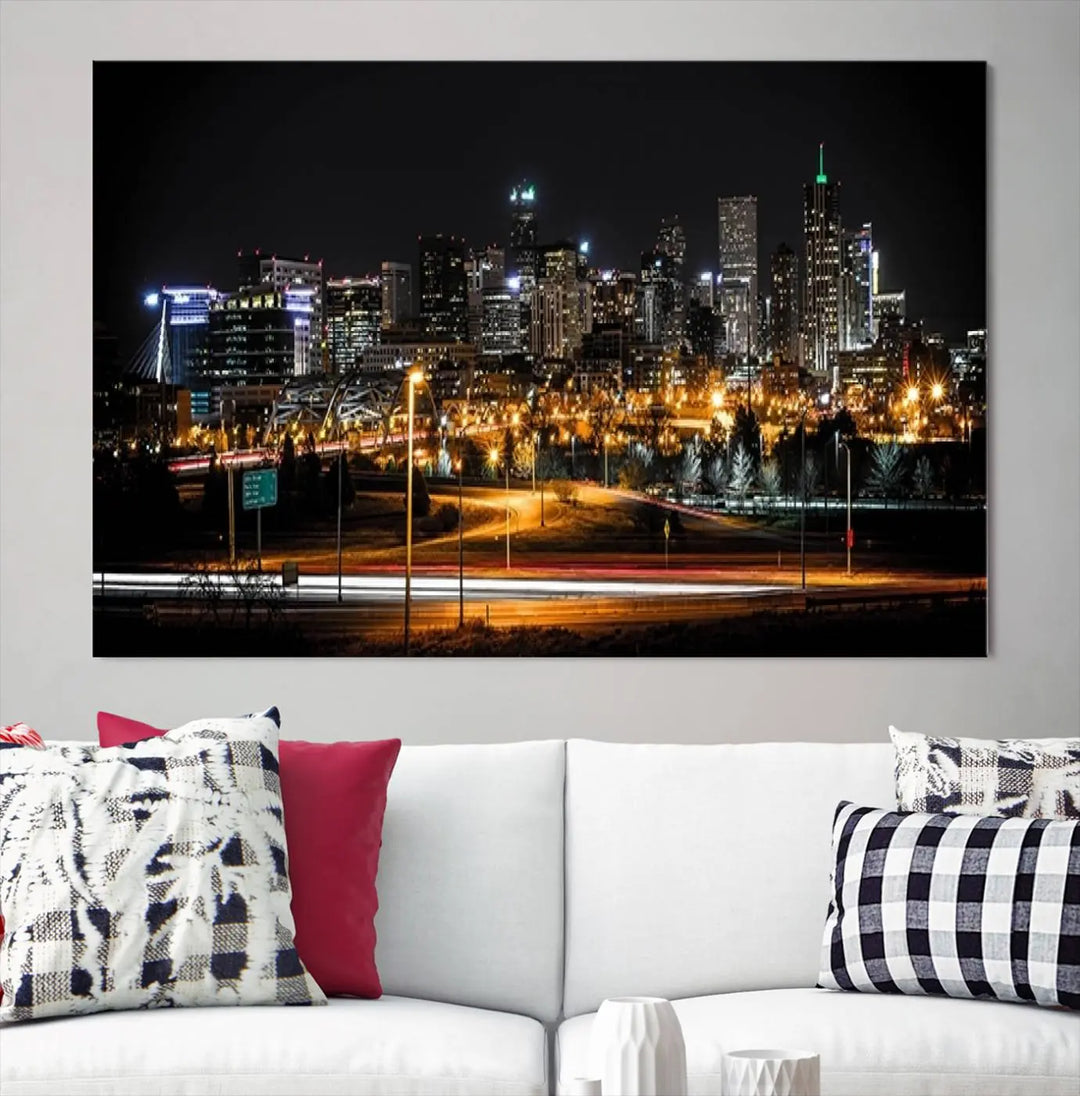 A stunning triptych featuring the "Denver City Lights Night Skyline Cityscape View Wall Art Canvas Print" adorns the wall. Each panel is crafted on museum-quality canvas and coated for UV protection, making it a gallery-wrapped masterpiece.