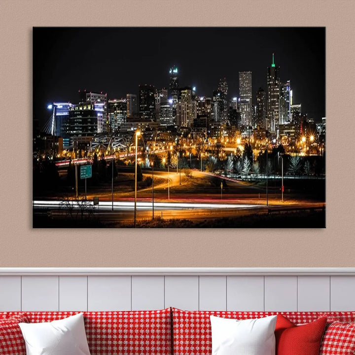 A stunning triptych featuring the "Denver City Lights Night Skyline Cityscape View Wall Art Canvas Print" adorns the wall. Each panel is crafted on museum-quality canvas and coated for UV protection, making it a gallery-wrapped masterpiece.