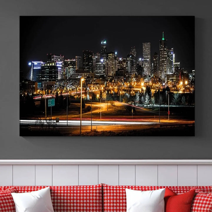 A stunning triptych featuring the "Denver City Lights Night Skyline Cityscape View Wall Art Canvas Print" adorns the wall. Each panel is crafted on museum-quality canvas and coated for UV protection, making it a gallery-wrapped masterpiece.