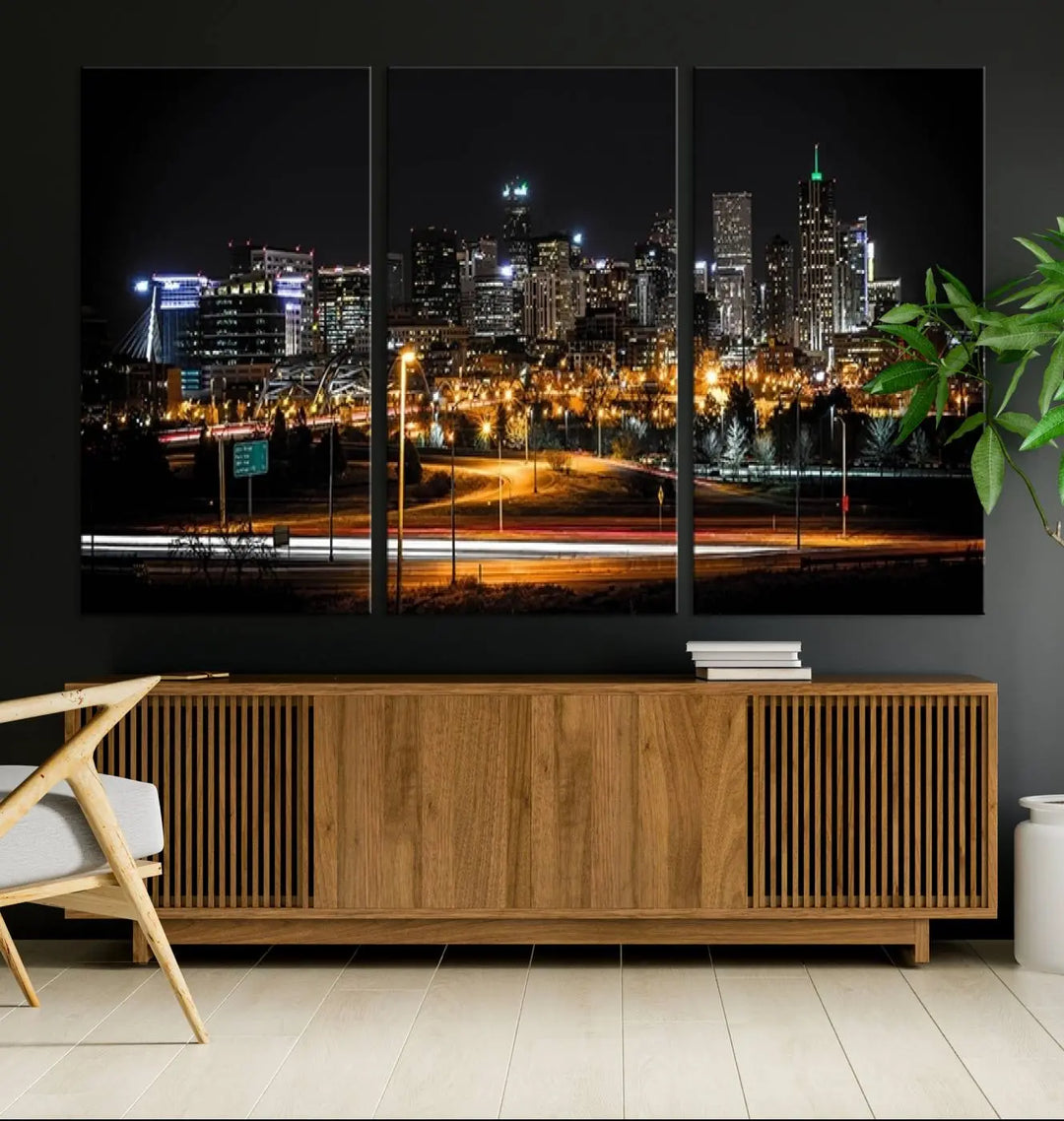 A stunning triptych featuring the "Denver City Lights Night Skyline Cityscape View Wall Art Canvas Print" adorns the wall. Each panel is crafted on museum-quality canvas and coated for UV protection, making it a gallery-wrapped masterpiece.