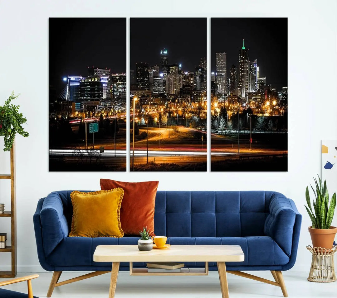 A stunning triptych featuring the "Denver City Lights Night Skyline Cityscape View Wall Art Canvas Print" adorns the wall. Each panel is crafted on museum-quality canvas and coated for UV protection, making it a gallery-wrapped masterpiece.