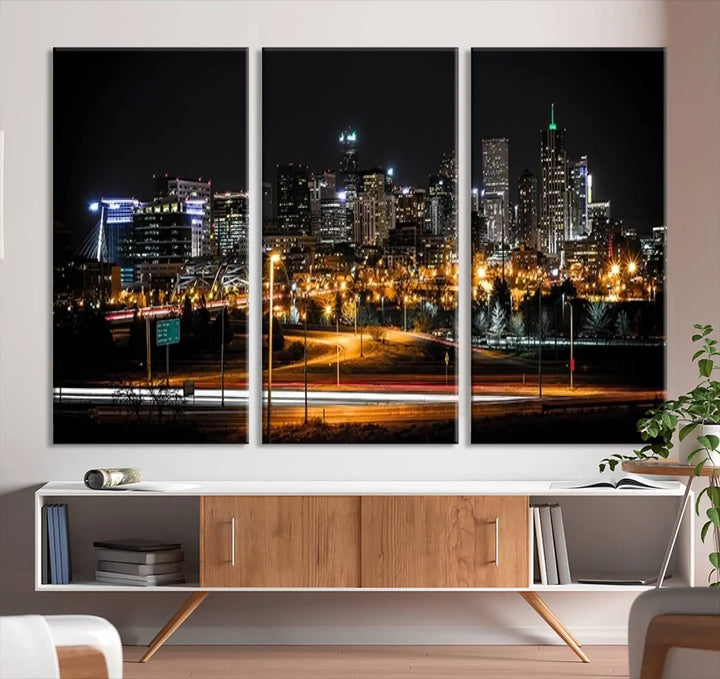 A stunning triptych featuring the "Denver City Lights Night Skyline Cityscape View Wall Art Canvas Print" adorns the wall. Each panel is crafted on museum-quality canvas and coated for UV protection, making it a gallery-wrapped masterpiece.