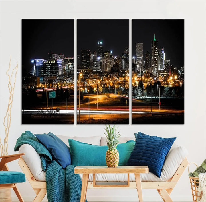 A stunning triptych featuring the "Denver City Lights Night Skyline Cityscape View Wall Art Canvas Print" adorns the wall. Each panel is crafted on museum-quality canvas and coated for UV protection, making it a gallery-wrapped masterpiece.