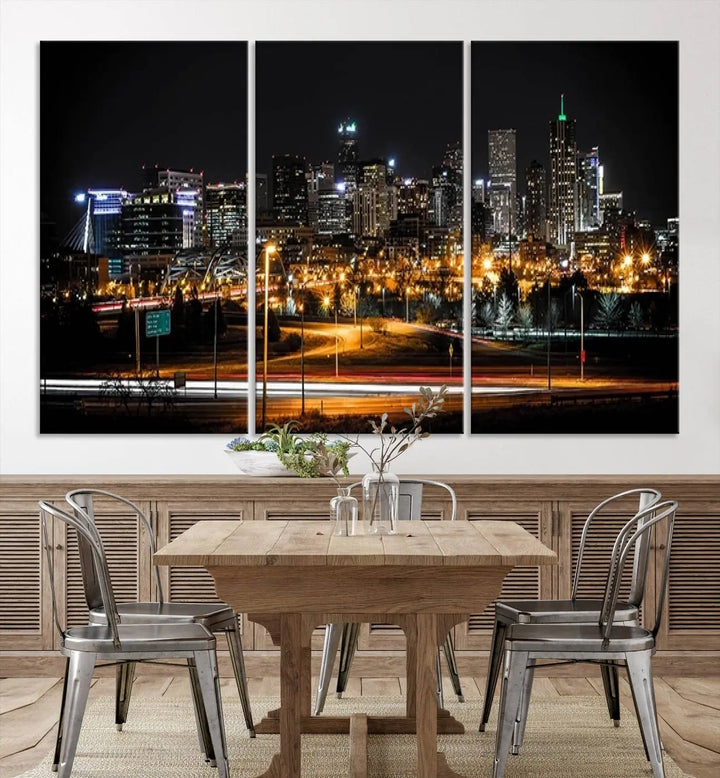 A stunning triptych featuring the "Denver City Lights Night Skyline Cityscape View Wall Art Canvas Print" adorns the wall. Each panel is crafted on museum-quality canvas and coated for UV protection, making it a gallery-wrapped masterpiece.