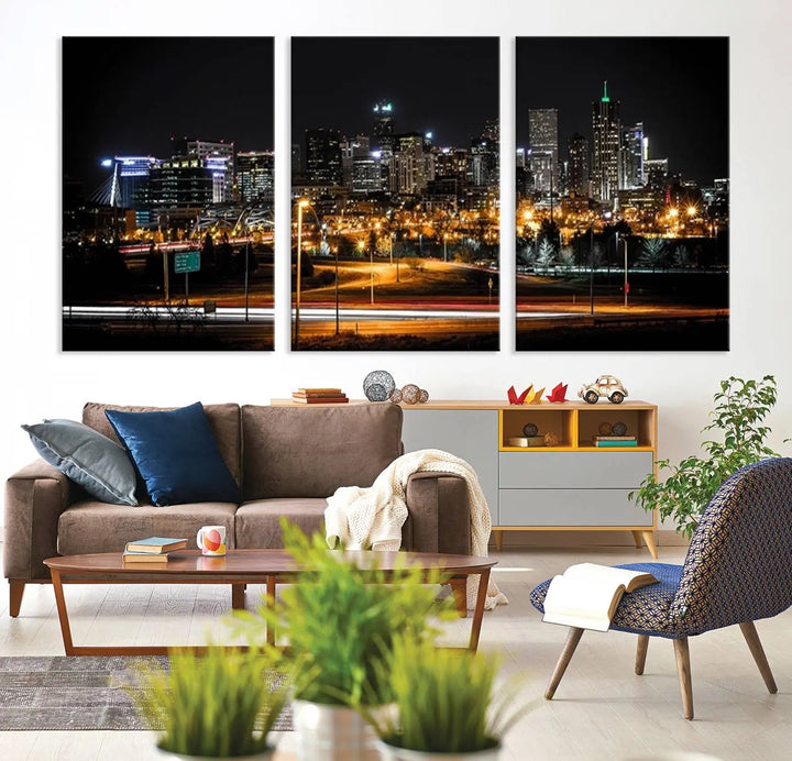 A stunning triptych featuring the "Denver City Lights Night Skyline Cityscape View Wall Art Canvas Print" adorns the wall. Each panel is crafted on museum-quality canvas and coated for UV protection, making it a gallery-wrapped masterpiece.