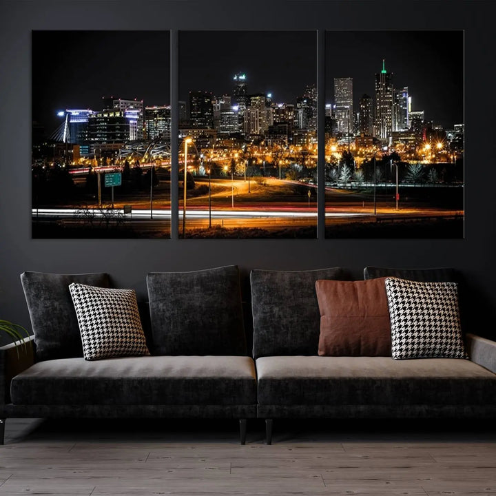 A stunning triptych featuring the "Denver City Lights Night Skyline Cityscape View Wall Art Canvas Print" adorns the wall. Each panel is crafted on museum-quality canvas and coated for UV protection, making it a gallery-wrapped masterpiece.