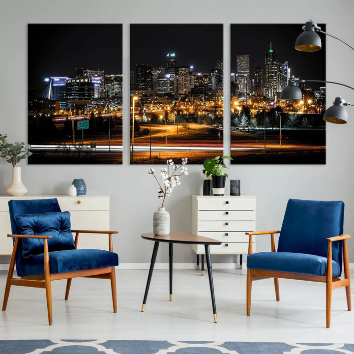 A stunning triptych featuring the "Denver City Lights Night Skyline Cityscape View Wall Art Canvas Print" adorns the wall. Each panel is crafted on museum-quality canvas and coated for UV protection, making it a gallery-wrapped masterpiece.