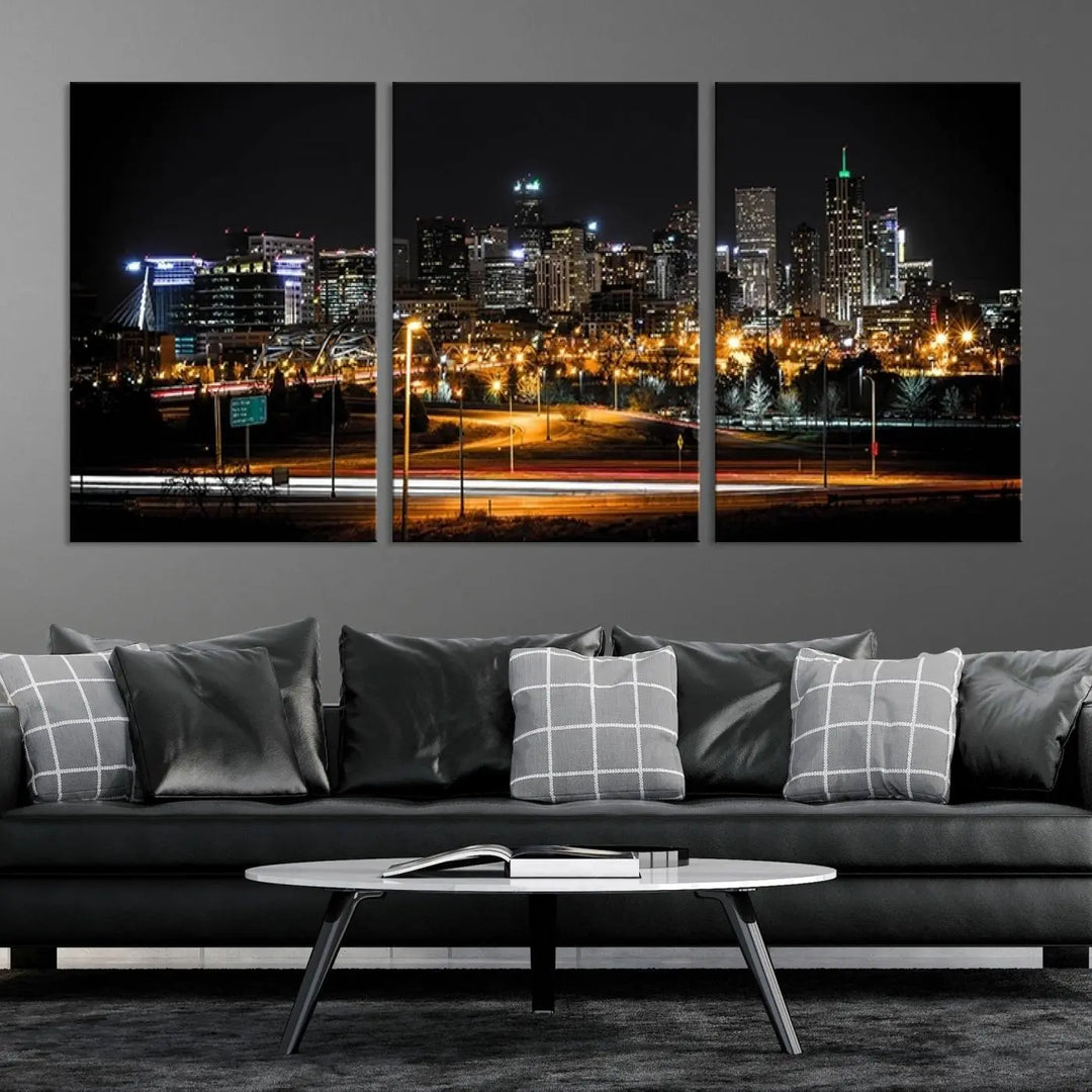 A stunning triptych featuring the "Denver City Lights Night Skyline Cityscape View Wall Art Canvas Print" adorns the wall. Each panel is crafted on museum-quality canvas and coated for UV protection, making it a gallery-wrapped masterpiece.