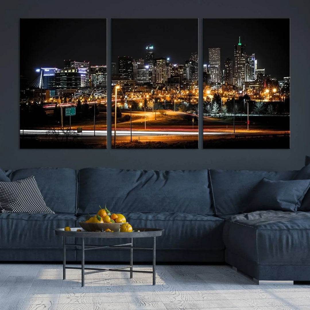 A stunning triptych featuring the "Denver City Lights Night Skyline Cityscape View Wall Art Canvas Print" adorns the wall. Each panel is crafted on museum-quality canvas and coated for UV protection, making it a gallery-wrapped masterpiece.