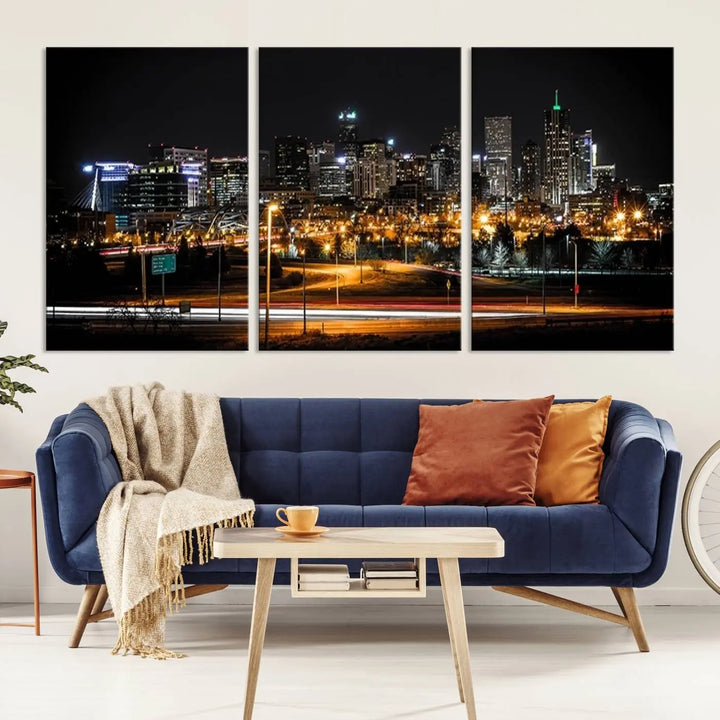 A stunning triptych featuring the "Denver City Lights Night Skyline Cityscape View Wall Art Canvas Print" adorns the wall. Each panel is crafted on museum-quality canvas and coated for UV protection, making it a gallery-wrapped masterpiece.