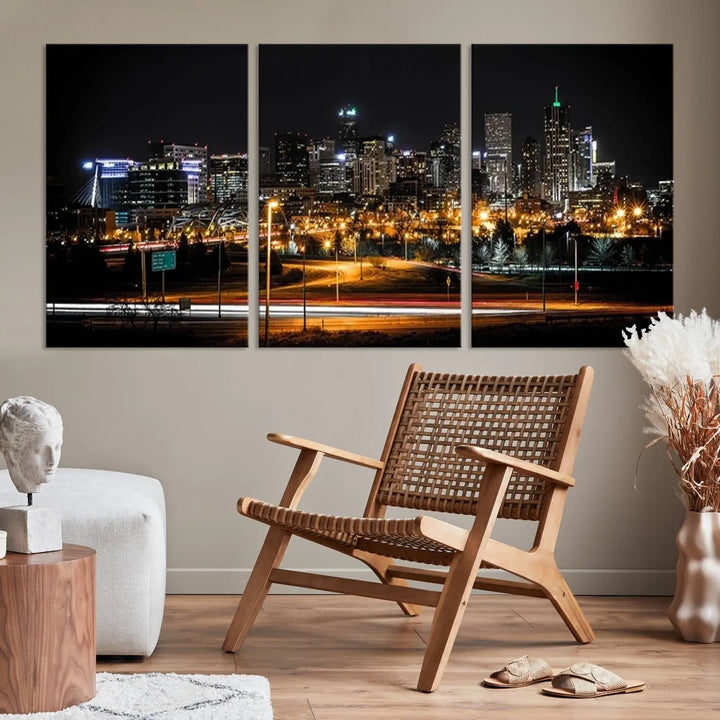 A stunning triptych featuring the "Denver City Lights Night Skyline Cityscape View Wall Art Canvas Print" adorns the wall. Each panel is crafted on museum-quality canvas and coated for UV protection, making it a gallery-wrapped masterpiece.