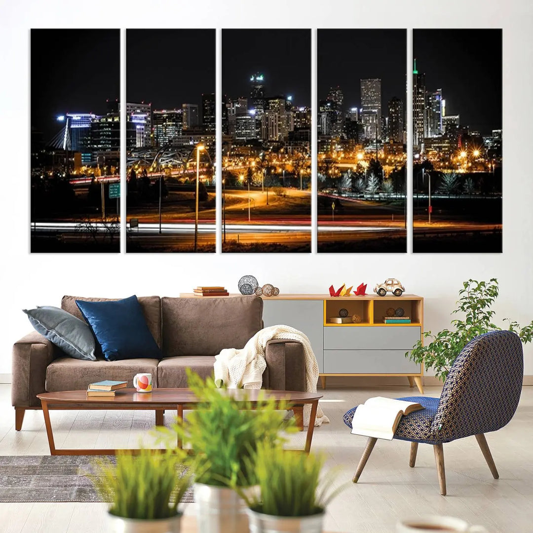 A stunning triptych featuring the "Denver City Lights Night Skyline Cityscape View Wall Art Canvas Print" adorns the wall. Each panel is crafted on museum-quality canvas and coated for UV protection, making it a gallery-wrapped masterpiece.