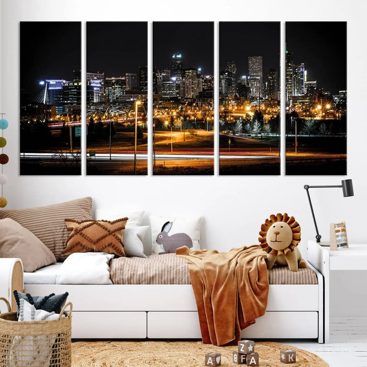 A stunning triptych featuring the "Denver City Lights Night Skyline Cityscape View Wall Art Canvas Print" adorns the wall. Each panel is crafted on museum-quality canvas and coated for UV protection, making it a gallery-wrapped masterpiece.