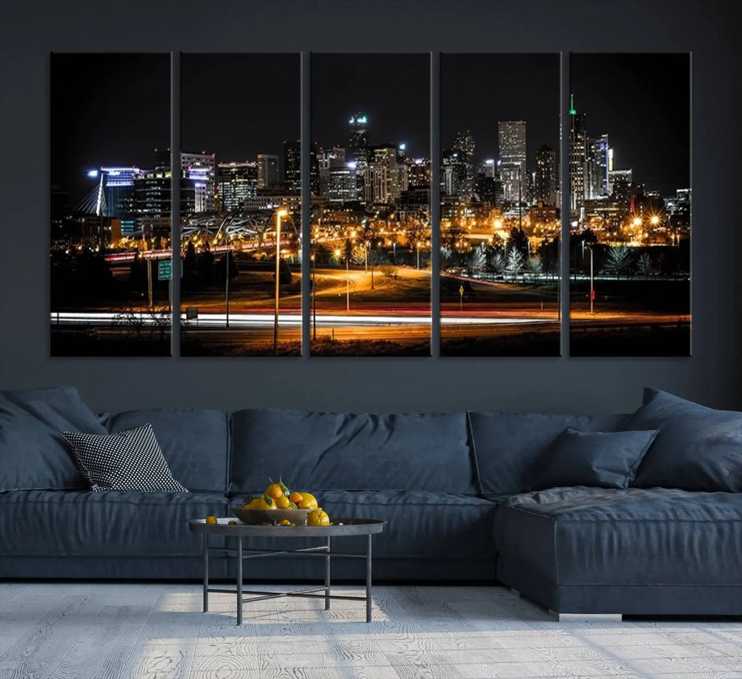 A stunning triptych featuring the "Denver City Lights Night Skyline Cityscape View Wall Art Canvas Print" adorns the wall. Each panel is crafted on museum-quality canvas and coated for UV protection, making it a gallery-wrapped masterpiece.