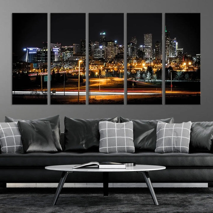 A stunning triptych featuring the "Denver City Lights Night Skyline Cityscape View Wall Art Canvas Print" adorns the wall. Each panel is crafted on museum-quality canvas and coated for UV protection, making it a gallery-wrapped masterpiece.