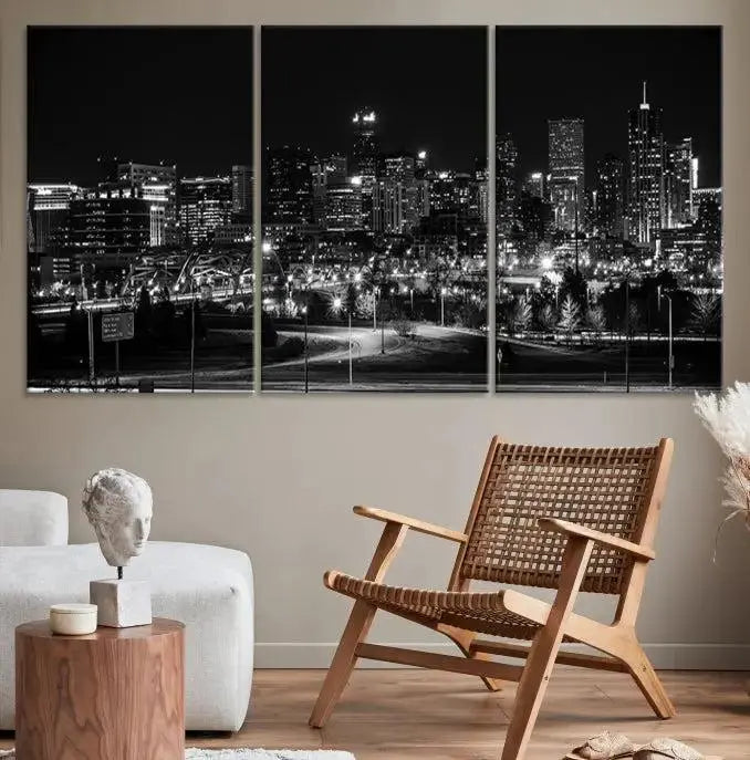 The Denver City Lights Skyline Black and White Wall Art Cityscape Canvas Print, a stunning three-panel piece, enhances the modern living room. Printed on museum-quality canvas and finished with a satin varnish, this artwork elegantly adds both charm and durability to the space.