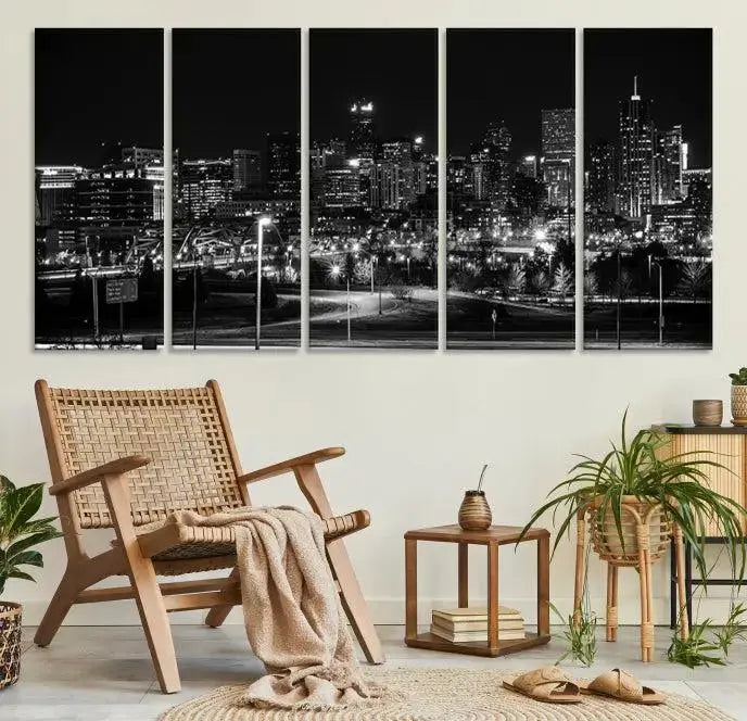 The Denver City Lights Skyline Black and White Wall Art Cityscape Canvas Print, a stunning three-panel piece, enhances the modern living room. Printed on museum-quality canvas and finished with a satin varnish, this artwork elegantly adds both charm and durability to the space.