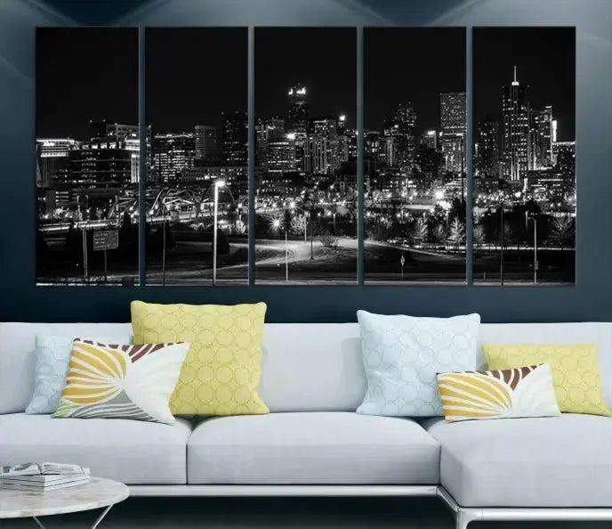 The Denver City Lights Skyline Black and White Wall Art Cityscape Canvas Print, a stunning three-panel piece, enhances the modern living room. Printed on museum-quality canvas and finished with a satin varnish, this artwork elegantly adds both charm and durability to the space.