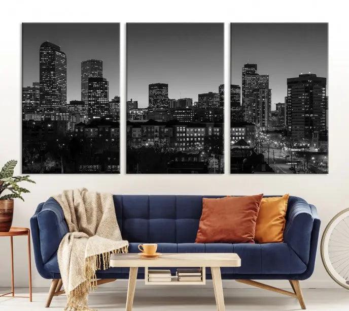 The "Denver City Lights Skyline Black and White Wall Art Cityscape Canvas Print" adorns the wall, creating an ideal setting for evenings spent appreciating the stunning cityscape.