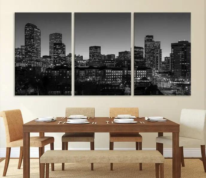 The "Denver City Lights Skyline Black and White Wall Art Cityscape Canvas Print" adorns the wall, creating an ideal setting for evenings spent appreciating the stunning cityscape.