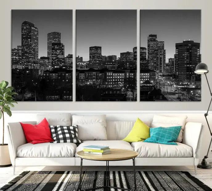 The "Denver City Lights Skyline Black and White Wall Art Cityscape Canvas Print" adorns the wall, creating an ideal setting for evenings spent appreciating the stunning cityscape.