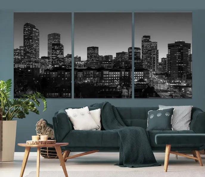 The "Denver City Lights Skyline Black and White Wall Art Cityscape Canvas Print" adorns the wall, creating an ideal setting for evenings spent appreciating the stunning cityscape.