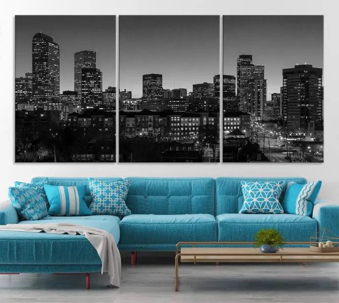 The "Denver City Lights Skyline Black and White Wall Art Cityscape Canvas Print" adorns the wall, creating an ideal setting for evenings spent appreciating the stunning cityscape.