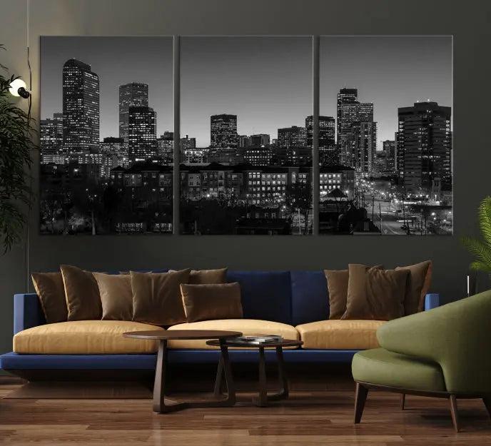 The "Denver City Lights Skyline Black and White Wall Art Cityscape Canvas Print" adorns the wall, creating an ideal setting for evenings spent appreciating the stunning cityscape.