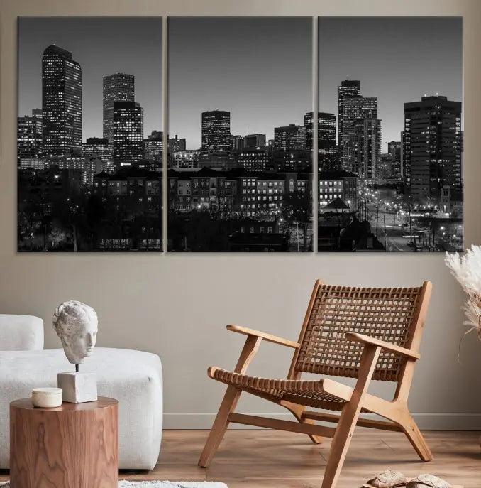 The "Denver City Lights Skyline Black and White Wall Art Cityscape Canvas Print" adorns the wall, creating an ideal setting for evenings spent appreciating the stunning cityscape.