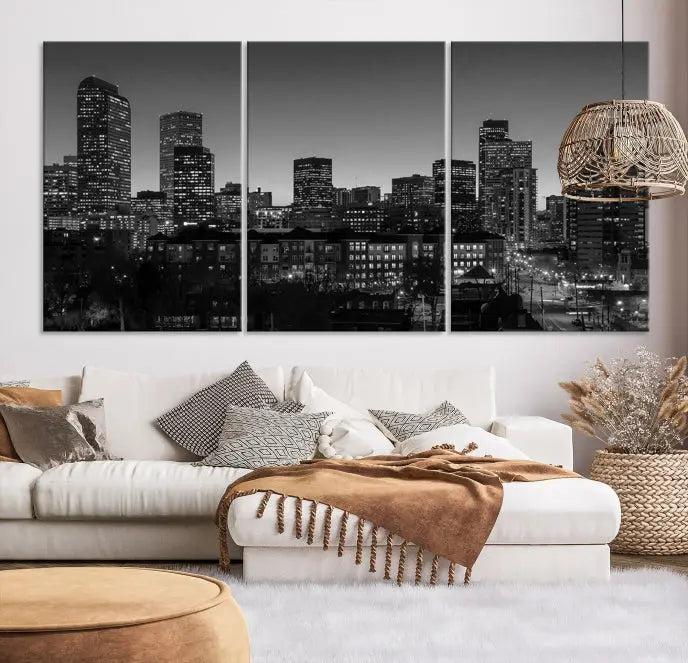 The "Denver City Lights Skyline Black and White Wall Art Cityscape Canvas Print" adorns the wall, creating an ideal setting for evenings spent appreciating the stunning cityscape.