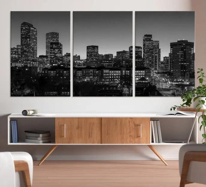 Denver City Lights Skyline Black and White Wall Art Cityscape Canvas Print 