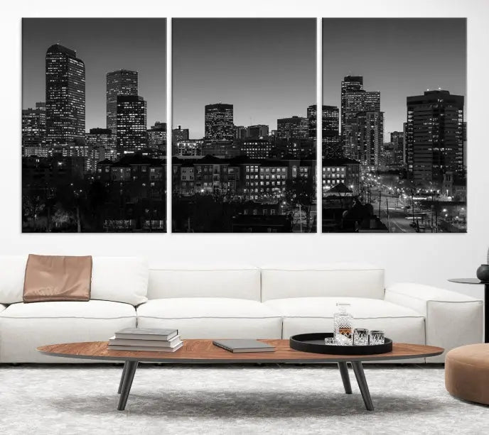 Denver City Lights Skyline Black and White Wall Art Cityscape Canvas Print 