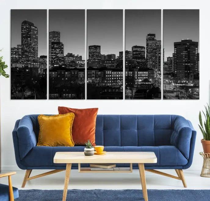 Denver City Lights Skyline Black and White Wall Art Cityscape Canvas Print 