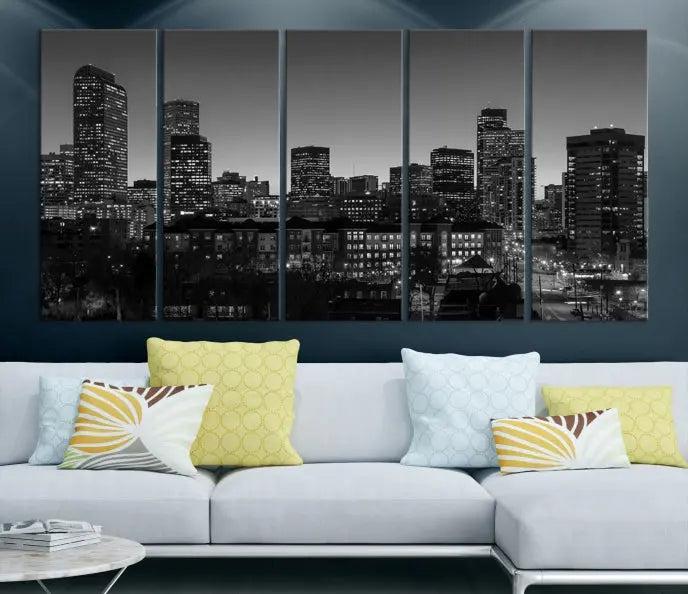 The "Denver City Lights Skyline Black and White Wall Art Cityscape Canvas Print" adorns the wall, creating an ideal setting for evenings spent appreciating the stunning cityscape.