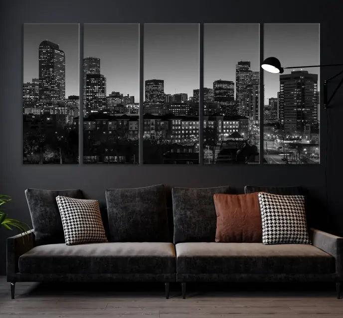 The "Denver City Lights Skyline Black and White Wall Art Cityscape Canvas Print" adorns the wall, creating an ideal setting for evenings spent appreciating the stunning cityscape.