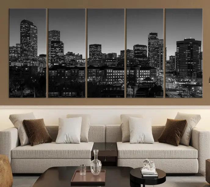 The "Denver City Lights Skyline Black and White Wall Art Cityscape Canvas Print" adorns the wall, creating an ideal setting for evenings spent appreciating the stunning cityscape.