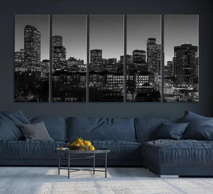 The "Denver City Lights Skyline Black and White Wall Art Cityscape Canvas Print" adorns the wall, creating an ideal setting for evenings spent appreciating the stunning cityscape.