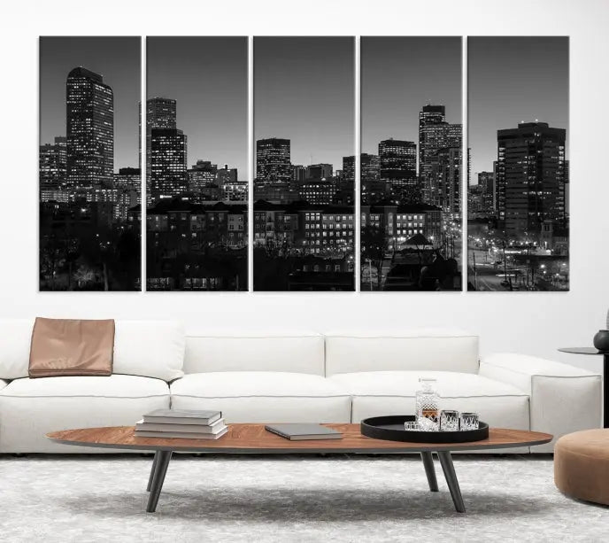 The "Denver City Lights Skyline Black and White Wall Art Cityscape Canvas Print" adorns the wall, creating an ideal setting for evenings spent appreciating the stunning cityscape.