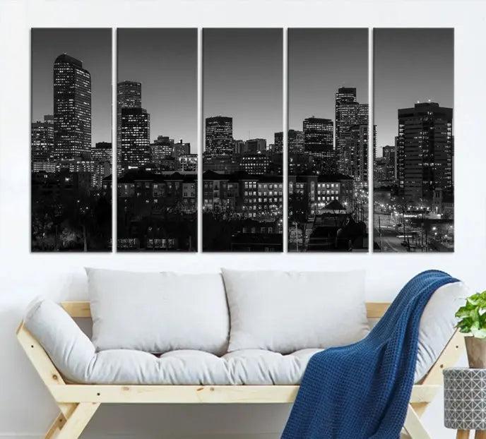 The "Denver City Lights Skyline Black and White Wall Art Cityscape Canvas Print" adorns the wall, creating an ideal setting for evenings spent appreciating the stunning cityscape.