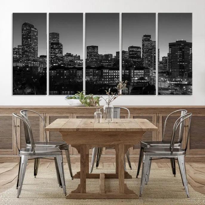 The "Denver City Lights Skyline Black and White Wall Art Cityscape Canvas Print" adorns the wall, creating an ideal setting for evenings spent appreciating the stunning cityscape.