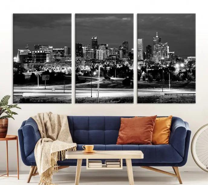 The "Denver City Lights Skyline Black and White Wall Art Cityscape Canvas Print" is elegantly displayed. This museum-quality canvas artwork, complete with a UV-protective coating, is ready to hang, adding both style and protection to your space.