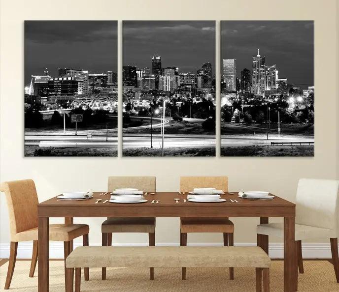 The "Denver City Lights Skyline Black and White Wall Art Cityscape Canvas Print" is elegantly displayed. This museum-quality canvas artwork, complete with a UV-protective coating, is ready to hang, adding both style and protection to your space.