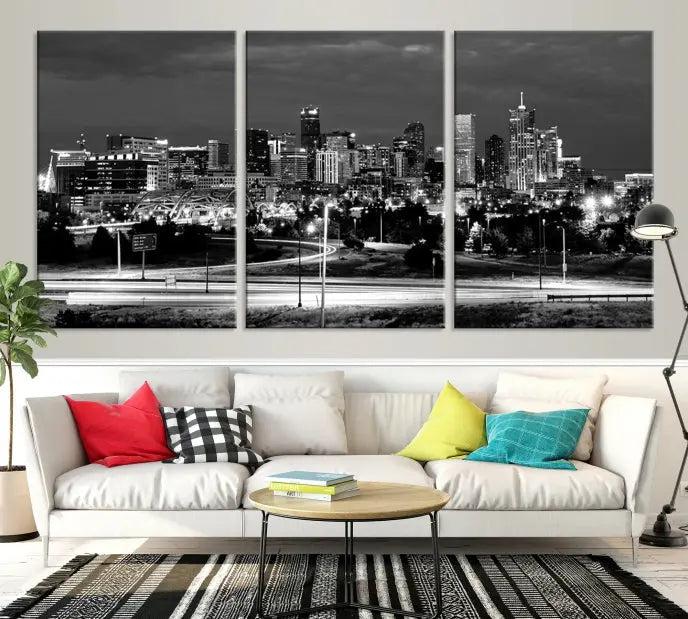 The "Denver City Lights Skyline Black and White Wall Art Cityscape Canvas Print" is elegantly displayed. This museum-quality canvas artwork, complete with a UV-protective coating, is ready to hang, adding both style and protection to your space.