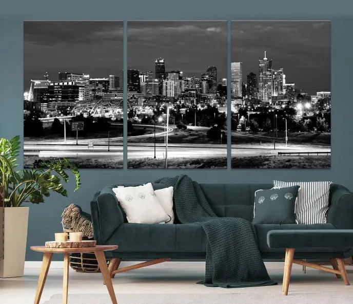 The "Denver City Lights Skyline Black and White Wall Art Cityscape Canvas Print" is elegantly displayed. This museum-quality canvas artwork, complete with a UV-protective coating, is ready to hang, adding both style and protection to your space.